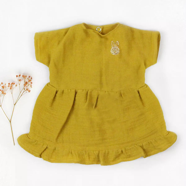 Robe poupée gaze coton moutarde et accessoires - Vanille Coton