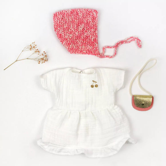 Robe poupée gaze coton blanche et accessoires - Vanille Coton