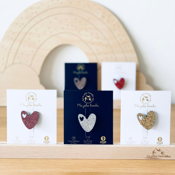 Broche gros cœur paillettes - Vanille Coton