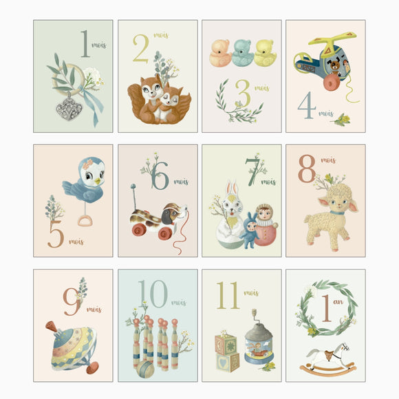 Cartes étapes bébé - Set de 12 cartes de 1 mois à 1 an - Vanille Coton