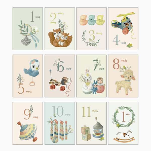 Cartes étapes bébé - Set de 12 cartes de 1 mois à 1 an - Vanille Coton