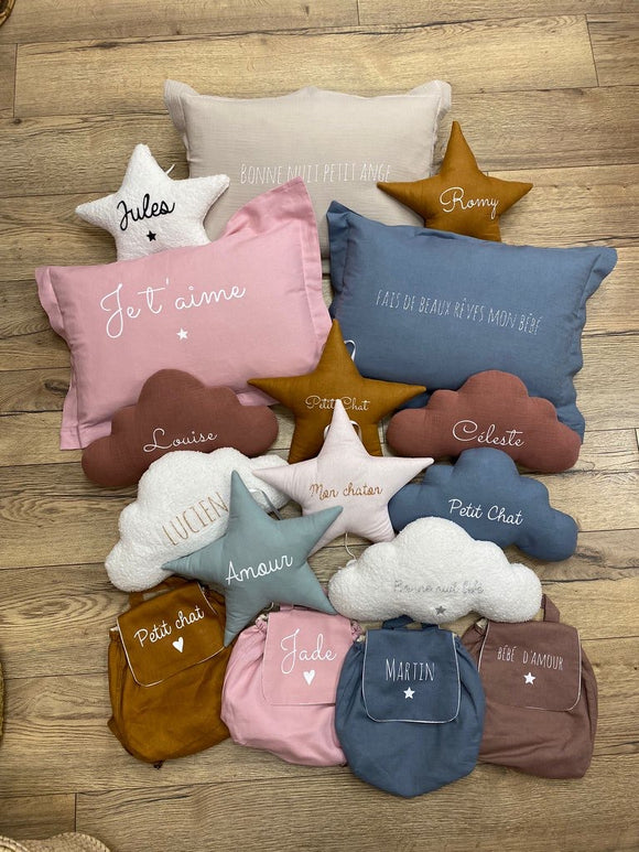 Coussin lin bleu Fais de beaux rêves mon bébé - Vanille Coton