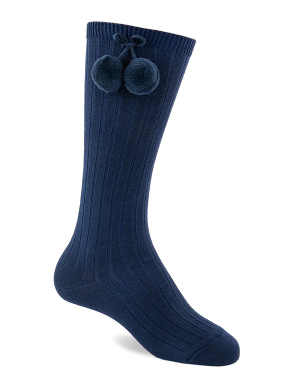 Chaussettes Hautes Luxe Côtelées à Pompons - Vanille Coton